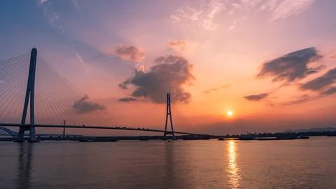 Sunset Bridge Over Water sunset bridge water modern arches Stock Photos