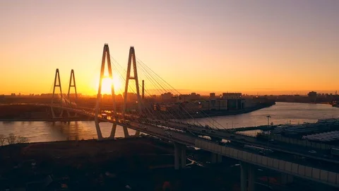 Sunset on the bridge, road junctions, highway st.Petersburg Stock Footage 116613065