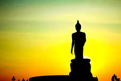 Sunset in Buddhist park in the Phutthamonthon district, Buddhamonthon. Stock Photos