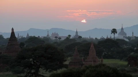 Sunset, Burma Buddhist temples, countryside Stock Footage 102633526