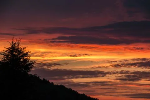 Sunset with burning red and yellow sky and shadows of tree and hill Stock Photos