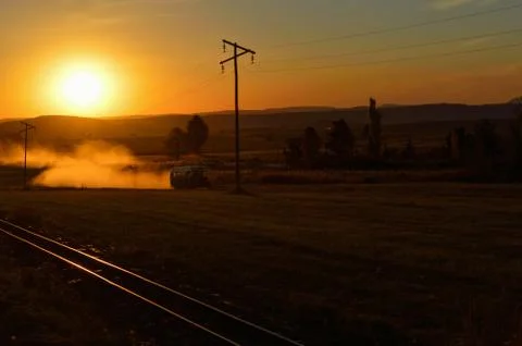 Sunset Bus On The Run 스톡 사진