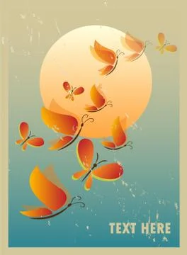 Sunset with butterflies Stock Illustration