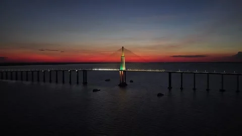 Sunset Cable Bridge In Manaus In Amazonas Brazil Near Amazon Rainforest. Stock Footage 341797854
