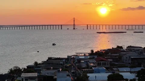 Sunset Cable Bridge In Manaus In Amazonas Brazil Near Amazon Rainforest. Stock Footage 341799691