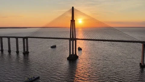 Sunset Cable Bridge In Manaus In Amazonas Brazil Near Amazon Rainforest. Stock Footage 341800424