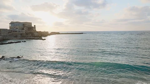 Sunset on Caesarea Quay. Vacation concept. Crane shot. Stock Footage 97059787
