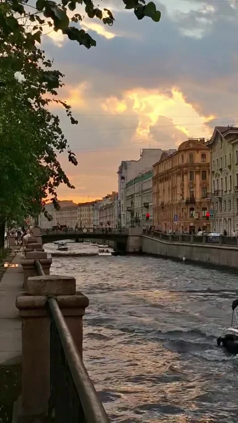 Sunset Canal View with Historic Architecture in Saint Petersburg Stock-Footage 339882286