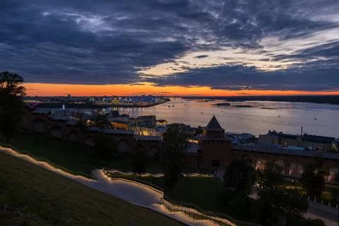 A sunset capturing the famous view of the arrow in Nizhny Novgorod Stock Photos