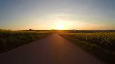 Sunset car drive in spring rural countryside road Stock Footage 76899880
