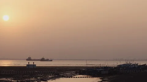 Sunset with cargo boats Stock Footage 111598671