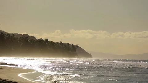 Sunset on the Caribbean beach with calm waves and sun reflection, palm trees. Stock Footage 201818535