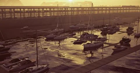 Sunset casts golden glow over marina with boats and quiet waters Ilustração Stock