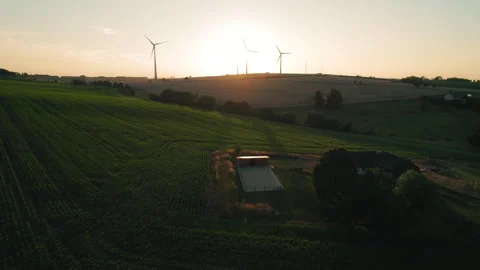 Sunset casts a warm glow on wind turbines in the distance over a patchwork of Stock Footage 284205027
