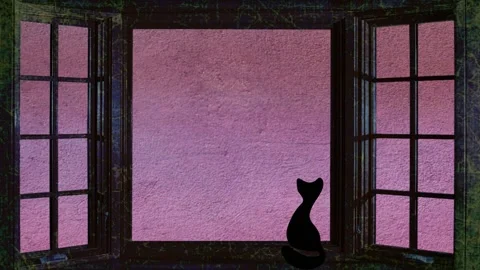 Sunset with cat on the window,cartoon Stockbeeldmateriaal 132490056