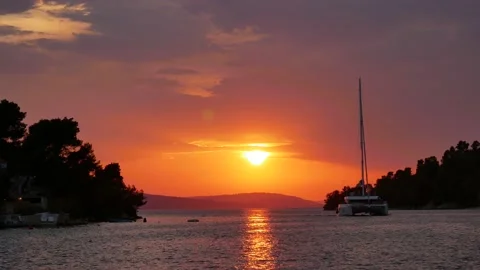 Sunset from Catamaran in a safe bay Video stock 225283348