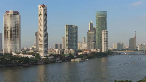 Sunset on the Chao Phraya River in the city of Bangkok Stock Footage 245788574