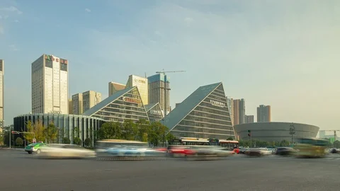 Sunset chengdu city downtown traffic street timelapse panorama 4k china Video stock 125744553