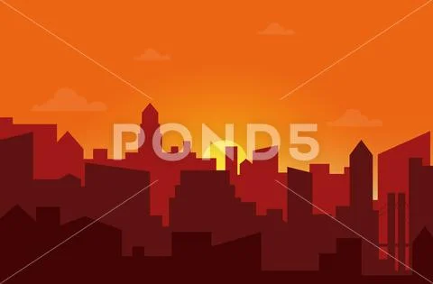 Sunset in the city. Cityscape silhouette sunrise vector illustration. Stock Illustration