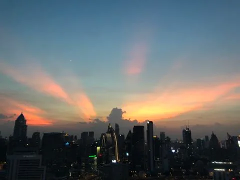Sunset, city, cloud, sun, ray, light, outline, building, bangkok, thialnad, a Stock Photos