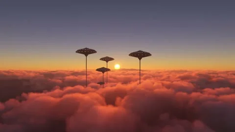 Sunset of a City of the future above the clouds. Front view of a sci-fi town Stock Footage 205096184