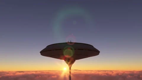 Sunset of a City of the future above the clouds. Close-up view of a sci-fi town Stock Footage 205096288