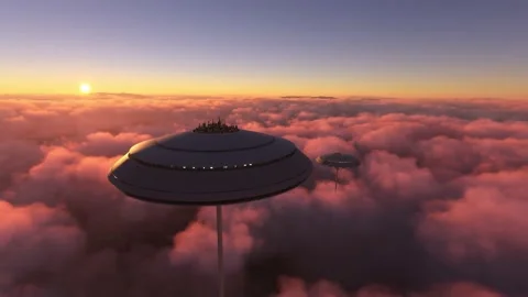 Sunset of a City of the future above the clouds. Circular view of a sci-fi town Stock Footage 205096293