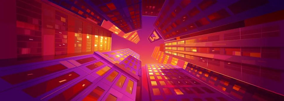 Sunset city low angle view at skyscrapers and sky Stock Illustration