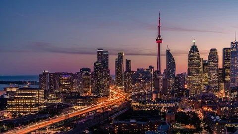 Sunset City Skyline Traffic Stock Footage 92689668