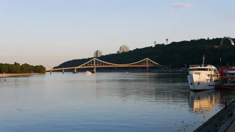 Sunset city timelapse, with river view, boat and bridge Stock Footage 93608015