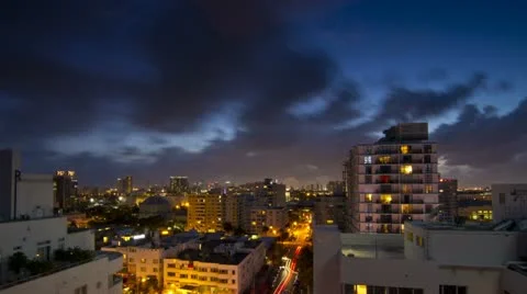 Sunset Cityscape View of South Beach, Miami Time Lapse Stock Footage