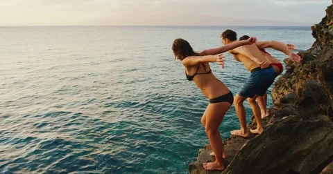 Sunset Cliff Jumping Stock Footage 84918657