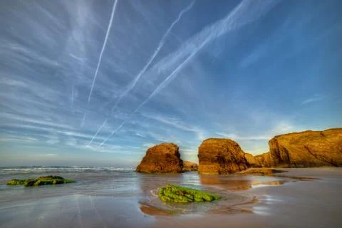 Sunset in the cliffs of As Catedrais beach Stock Photos