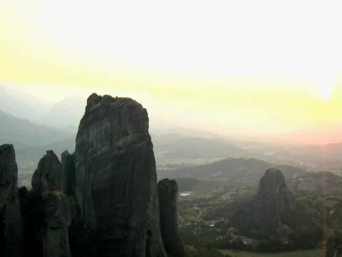Sunset on Cliffs in Meteora, Greece Stock Footage 512698