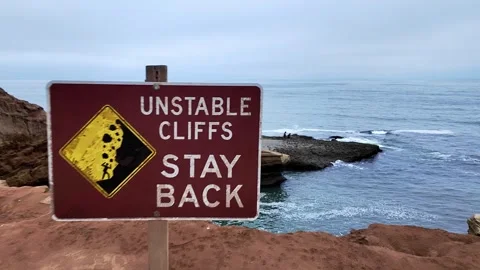 Sunset Cliffs sea cave in San Diego California unstable cliffs sign and a Stock Footage 279541025