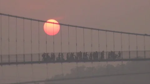 Sunset close to bridge Stock Footage 72337985