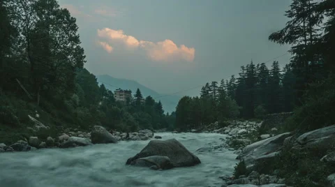Sunset cloud above wild river near Manali Stock Footage 54628278