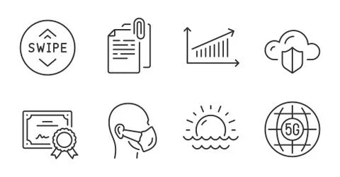Sunset, Cloud protection and Document attachment icons set. Swipe up, Chart and Stock Illustration
