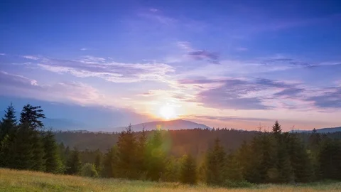 Sunset in the Cloudless Sky over Wooded Mountains. Time Lapse 動画素材 106464051