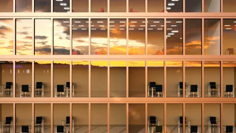 To sunset clouds along windows of office building and modern skyscraper, loop Stock Footage 138861670