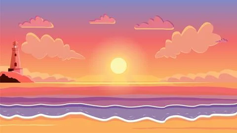 Sunset with clouds and lighthouse in ocean. Vector Illustration 库存插图