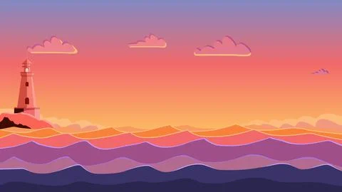 Sunset with clouds and lighthouse in ocean. Vector Illustration Stock Illustration