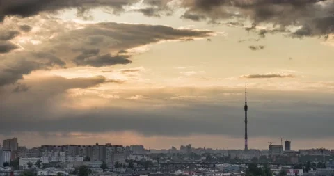 Sunset clouds around Ostankino TV tower in Moscow Video stock 131669978