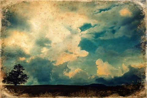 Sunset clouds with blue sky, sky cloud background, old photo effect. Stock Photos
