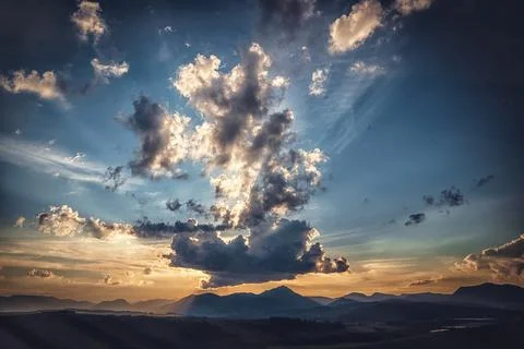 Sunset clouds with blue sky, sky cloud background. Stock Photos