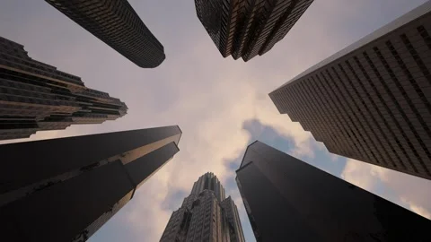 Sunset clouds float over the business district at the end of a successful Stock Footage 254884604