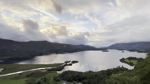 Sunset clouds lake and mountain, HDR wide angle Stock Footage 255302353