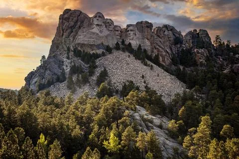 Sunset Clouds on Mount Rushmore, Mount Rushmore National Memorial, South Dakota Stock Photos