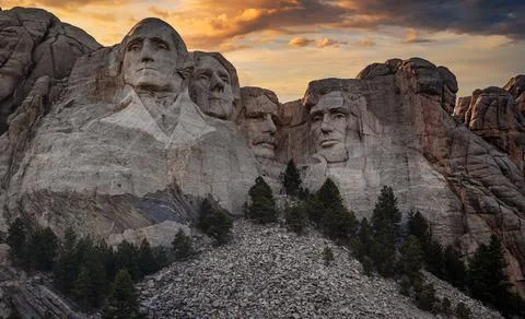 Sunset Clouds on Mount Rushmore, Mount Rushmore National Memorial, South Dakota Stock Photos