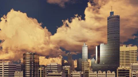 Sunset clouds over modern city downtown Ilustração Stock